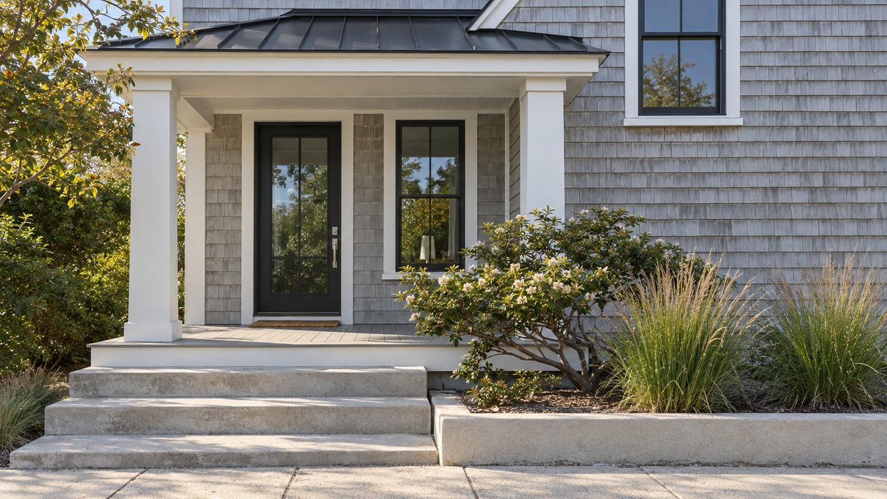Coastal home with gray shingle siding, white-columned porch, concrete steps, and a shallow planted garden bed.