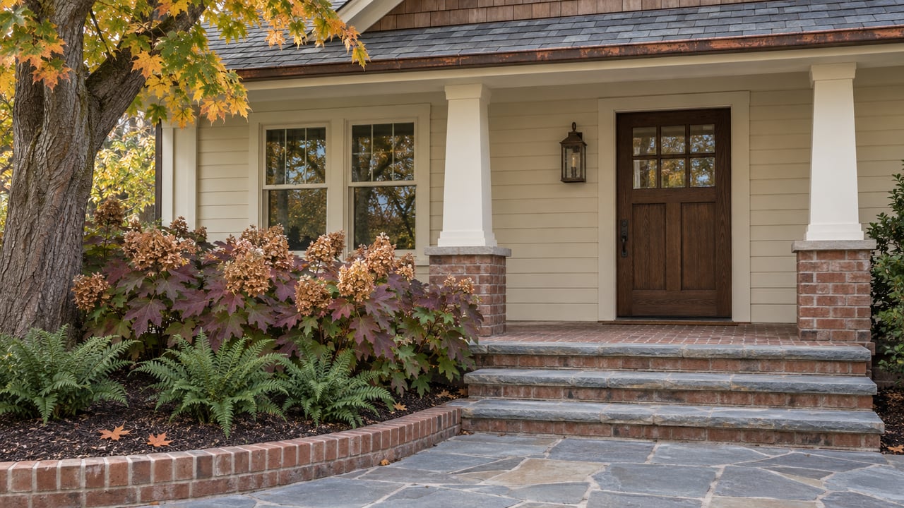 Covered front entry with cream clapboards, dark oak door, stone steps and autumn maple and oakleaf hydrangea planting.