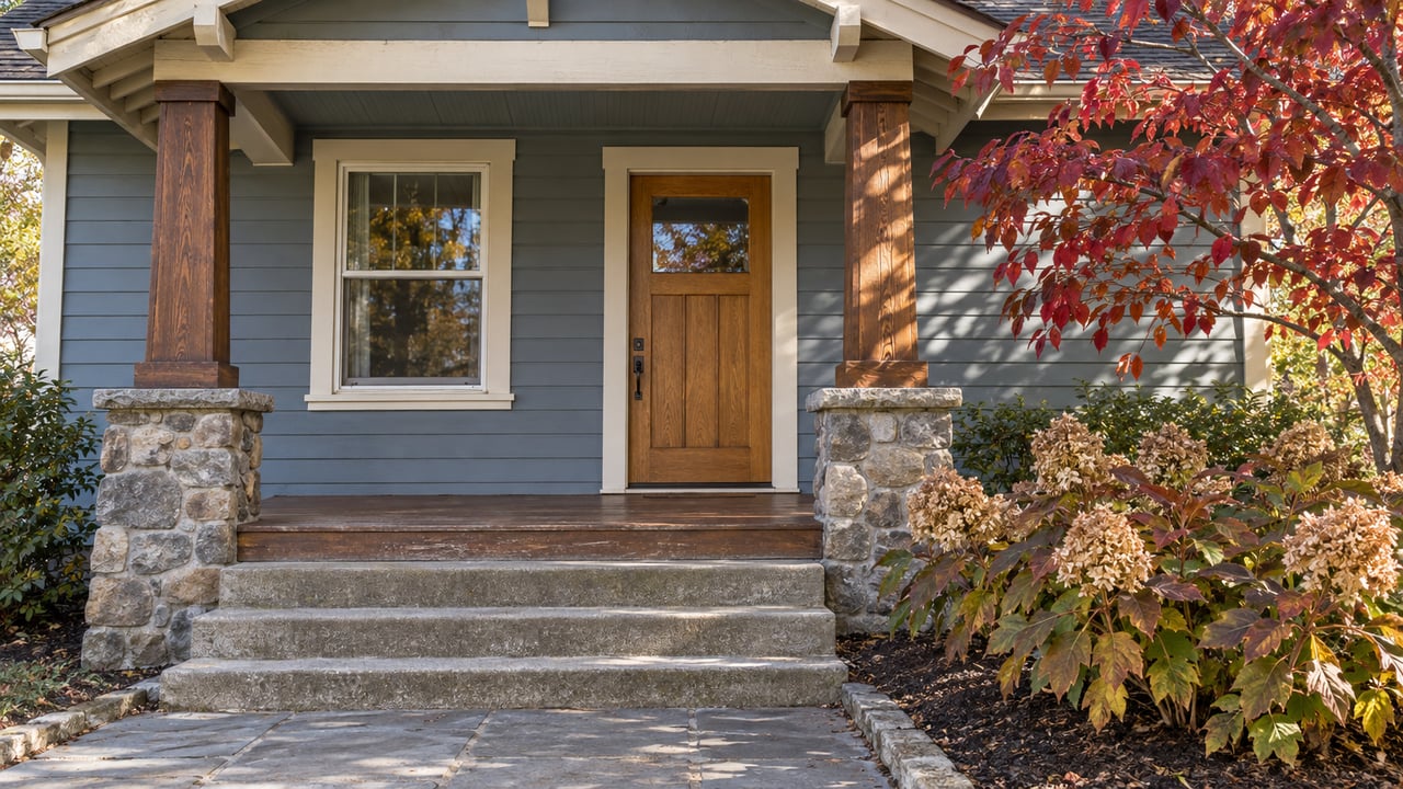 Muted blue cottage entry with oak porch posts, fieldstone bases, weathered steps, and red autumn dogwood leaves.