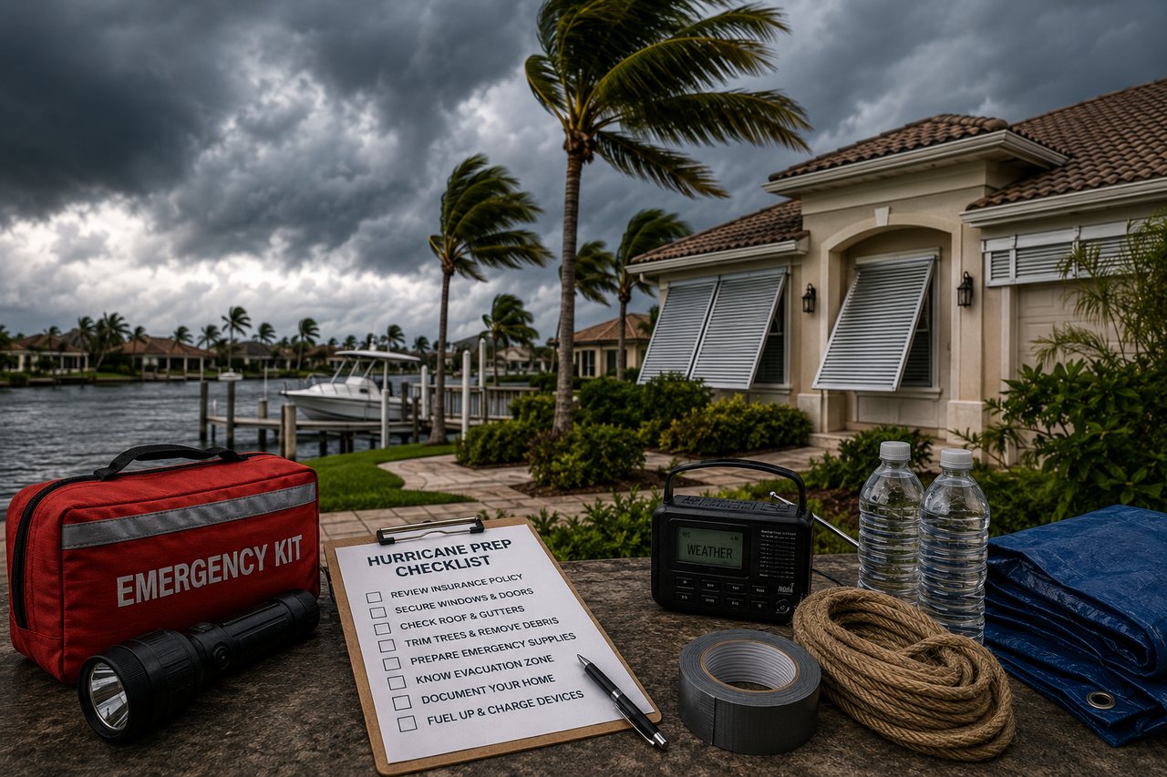 Luxury waterfront home in Southwest Florida secured with hurricane shutters as storm clouds approach, with emergency preparedness supplies including a weather radio, flashlight, water, and hurricane kit representing homeowner hurricane preparedness for the 2026 Florida hurricane season.