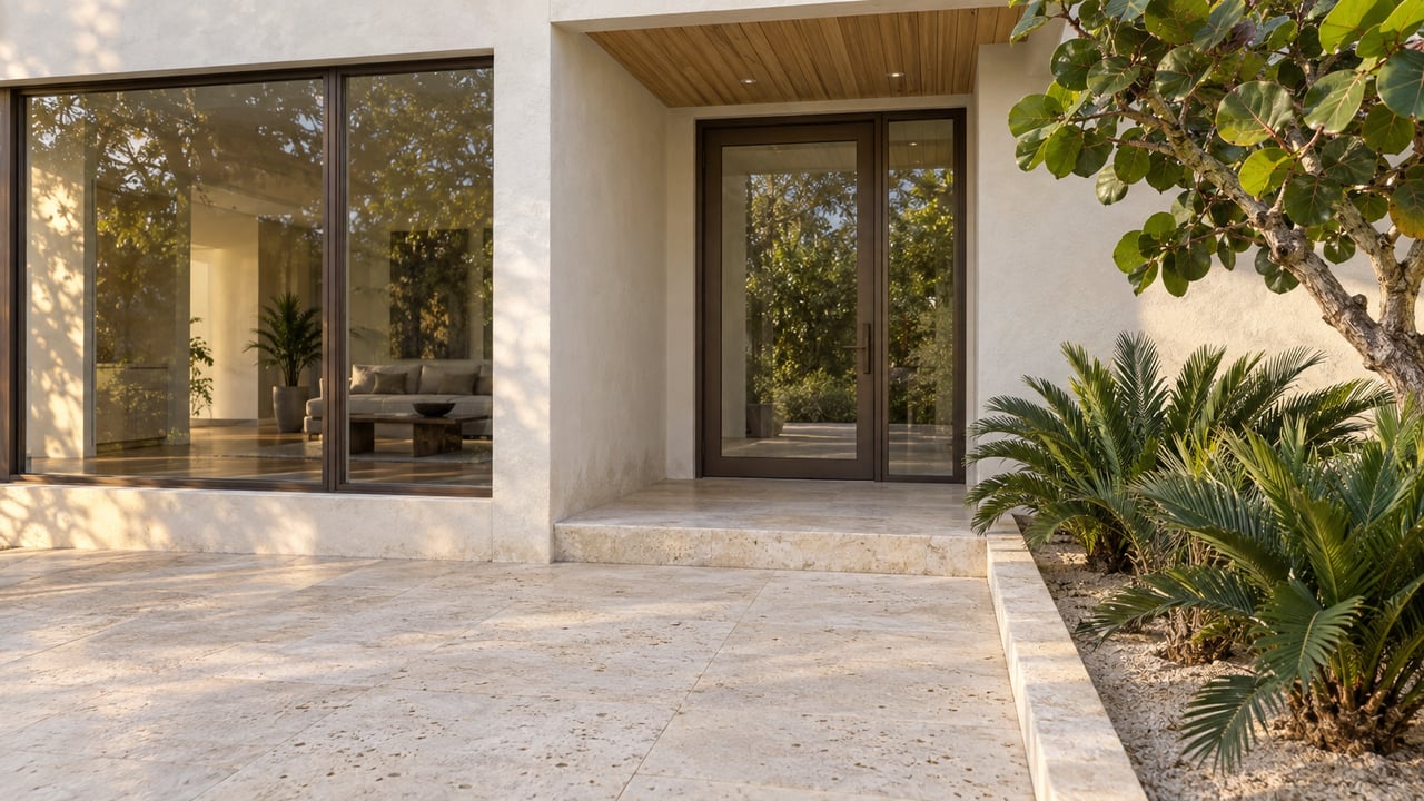 A limestone garden approach leads to a bronze-framed glass entrance beneath a teak-lined canopy, beside sea grape and coontie planting.