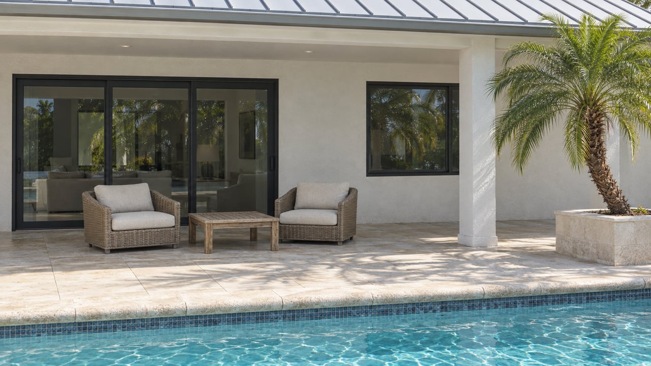 White stucco home with dark-framed glass doors, shaded outdoor chairs, pale limestone terrace, and turquoise pool water beside a specimen palm.