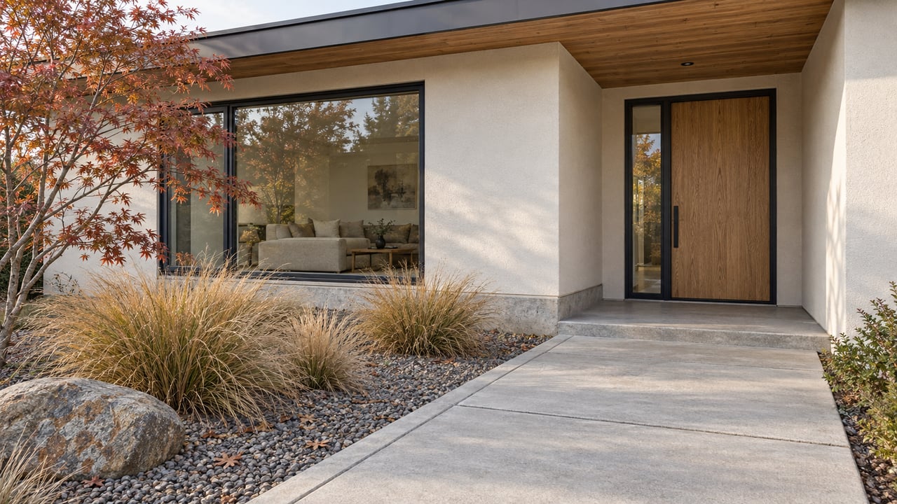 An oak front door and broad living-room window face a concrete garden walk beside a copper-leaved Japanese maple and tawny deer grass.