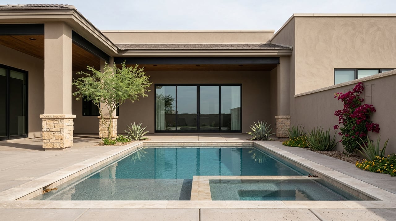 Backyard pool with travertine coping, desert plantings, and a stucco home’s covered loggia.