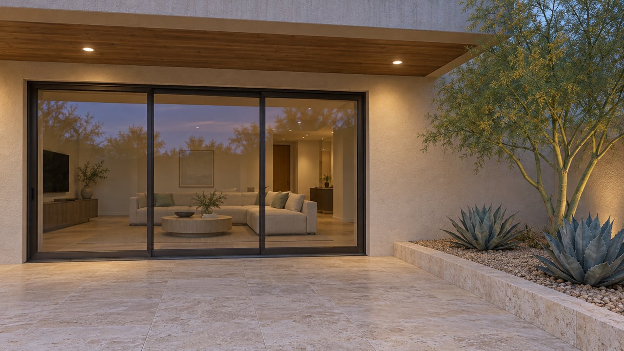 A covered travertine terrace beside bronze-framed living-room glass, with warm stucco, a blue-green branching tree and two silver agaves at twilight.