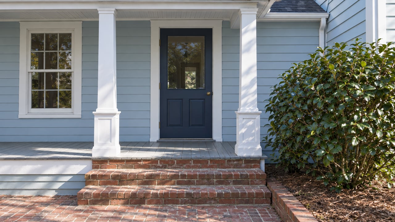 Pale blue clapboard home with a navy glazed front door, white porch columns, worn gray decking and red brick steps beside a camellia.