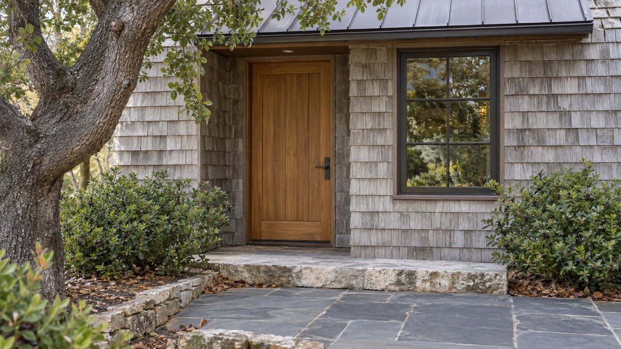 Cedar-shingled cottage entry with a warm wood door, limestone step, slate walk, and oak tree.