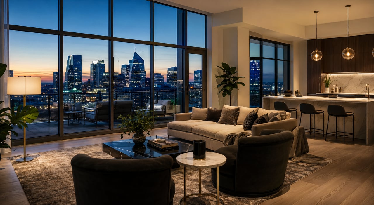 Luxury condominium interior overlooking the Nashville skyline, showcasing modern high-rise living and upscale residences featured among the best luxury condo buildings in Nashville for 2026. Ideal for buyers seeking luxury condos in Downtown Nashville, The Gulch, Midtown, and West End.