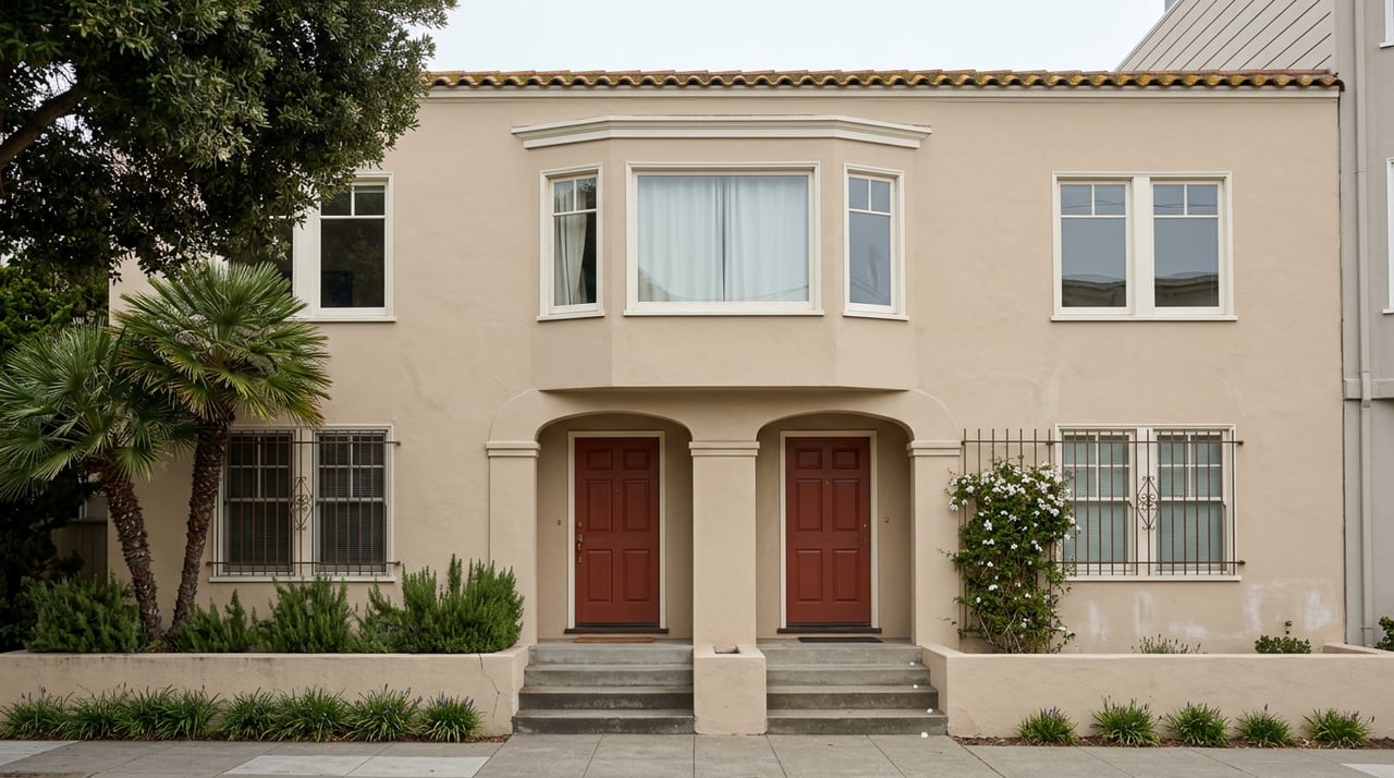 Sand-toned stucco facade with two matching arched clay-red doors and a shared second-floor bay window.