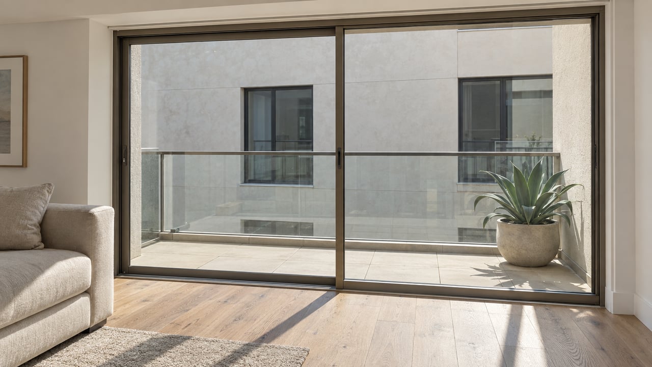 Sliding glass doors open onto a shallow balcony with a potted agave and the stucco wall of a neighboring wing.