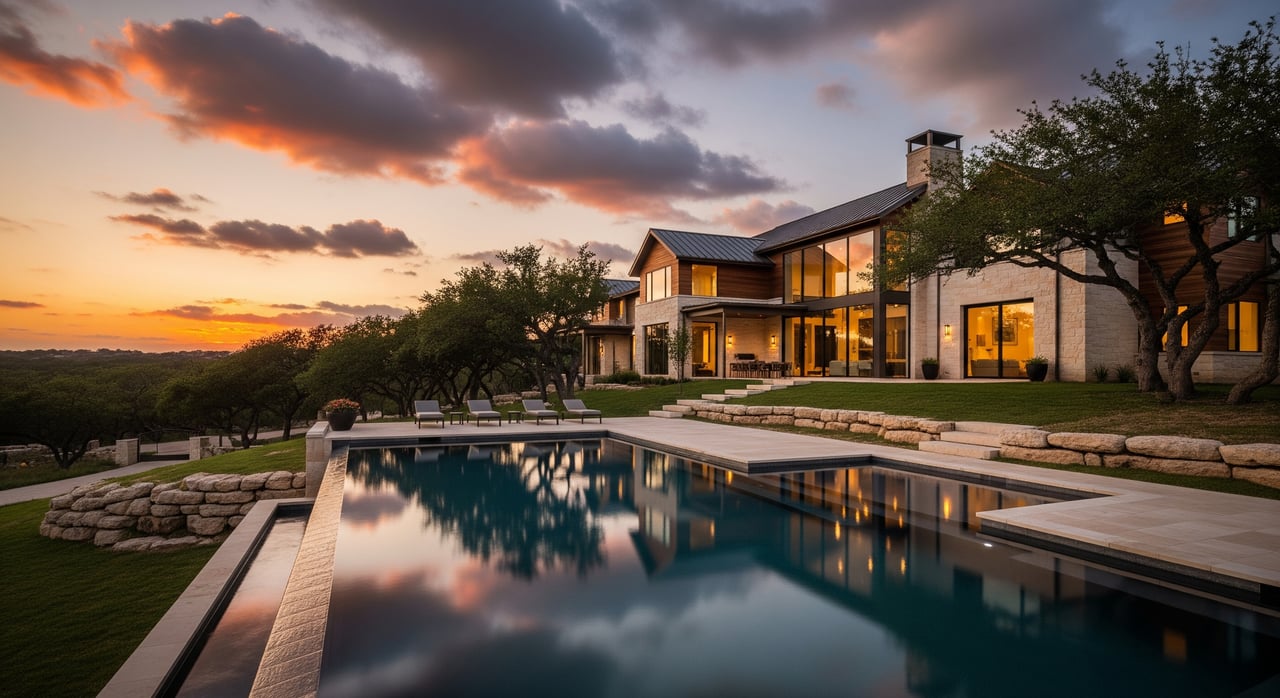 Modern glass-and-stone house beside a reflecting pool at sunset, with trees and orange clouds.