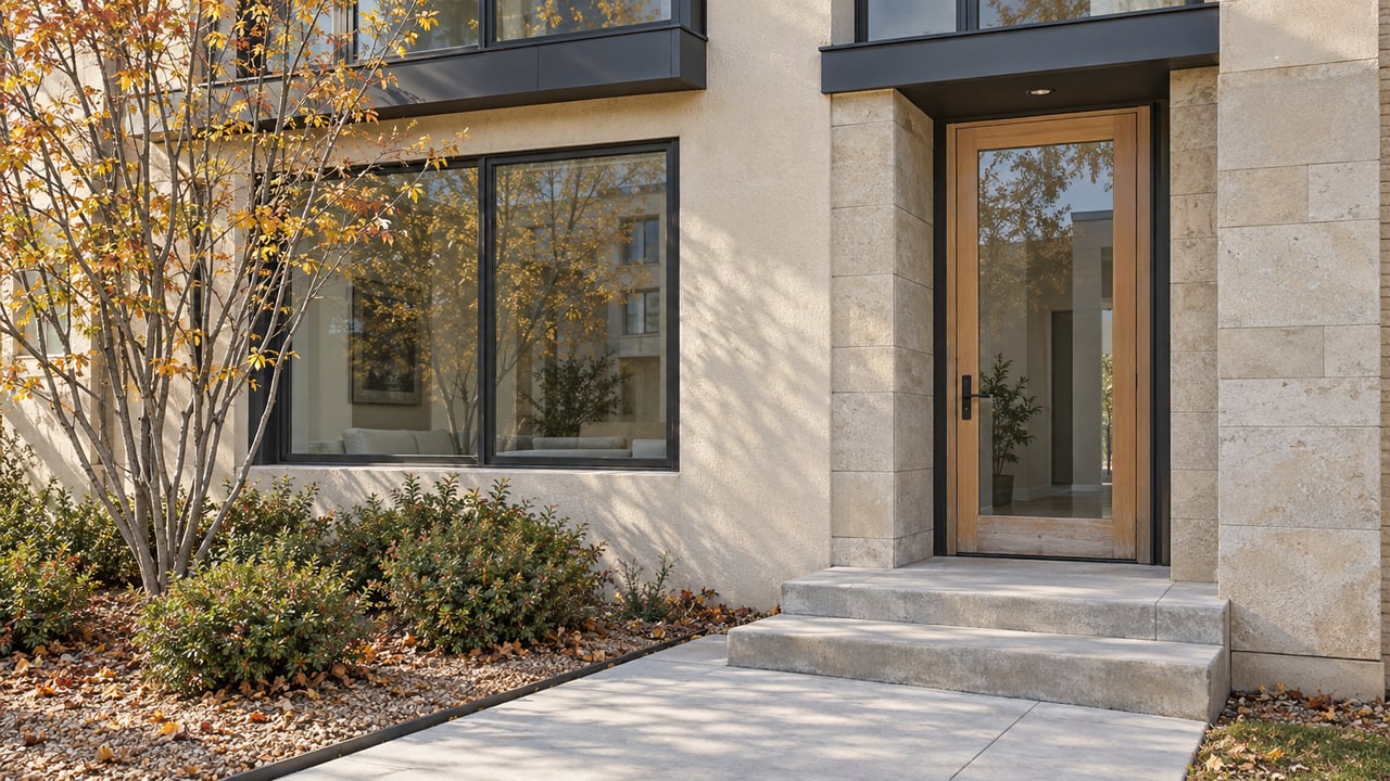 Cream stucco and pale limestone townhouse entry with black-framed glazing, worn concrete steps, and a copper-leaved serviceberry.