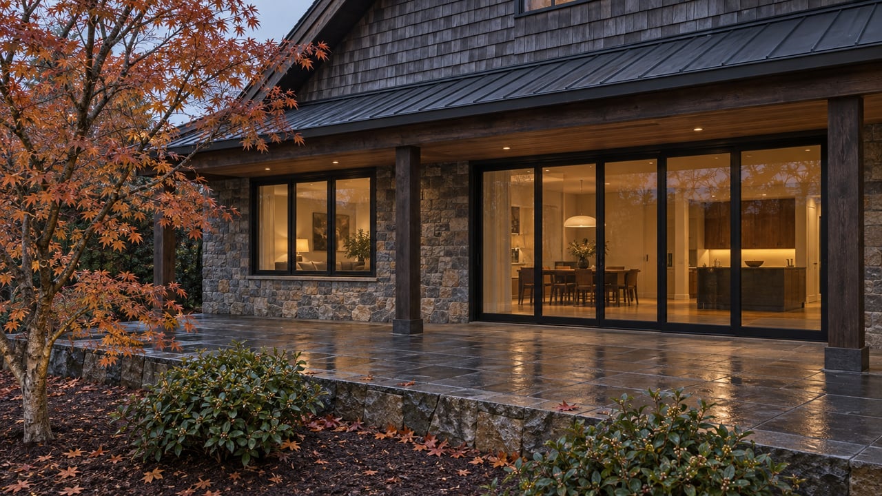 Timber-posted home terrace with dark stone paving, glowing glass doors, and a copper-leaved maple.