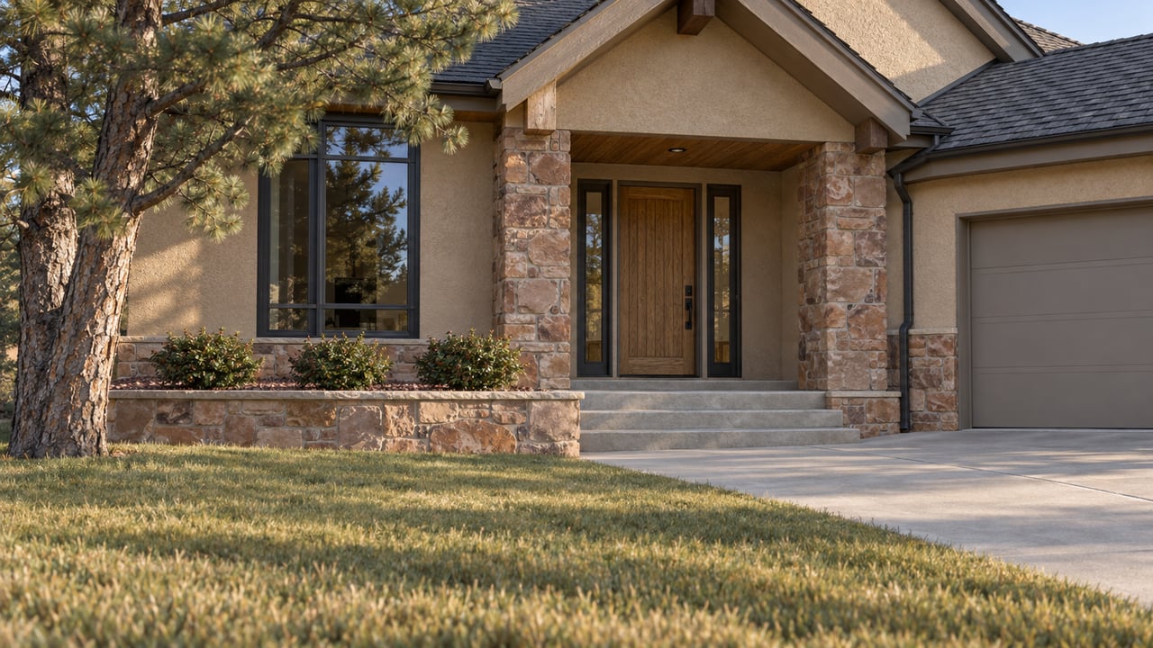 Stucco and stone house with a covered wooden entry, attached garage, and pine tree.