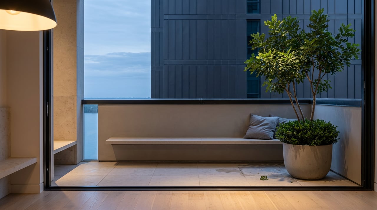 High-rise balcony with a Texas mountain laurel, limestone bench, and neighboring tower against the dusk sky.