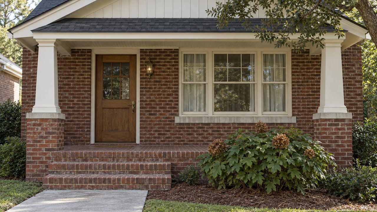 Raised red-brick cottage porch with ivory columns, an oak front door and oakleaf hydrangea beside brick steps.