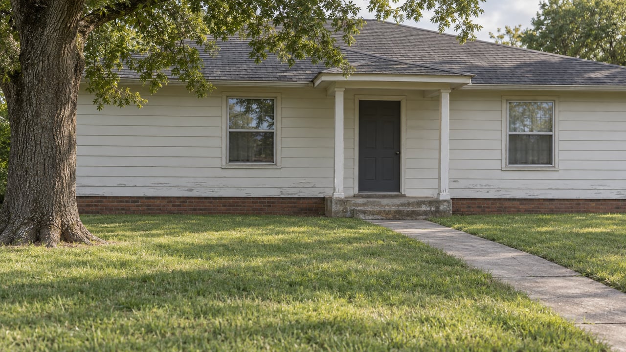 Off-white clapboard house with a covered entry, brick foundation, and cracked concrete walk across a broad lawn.