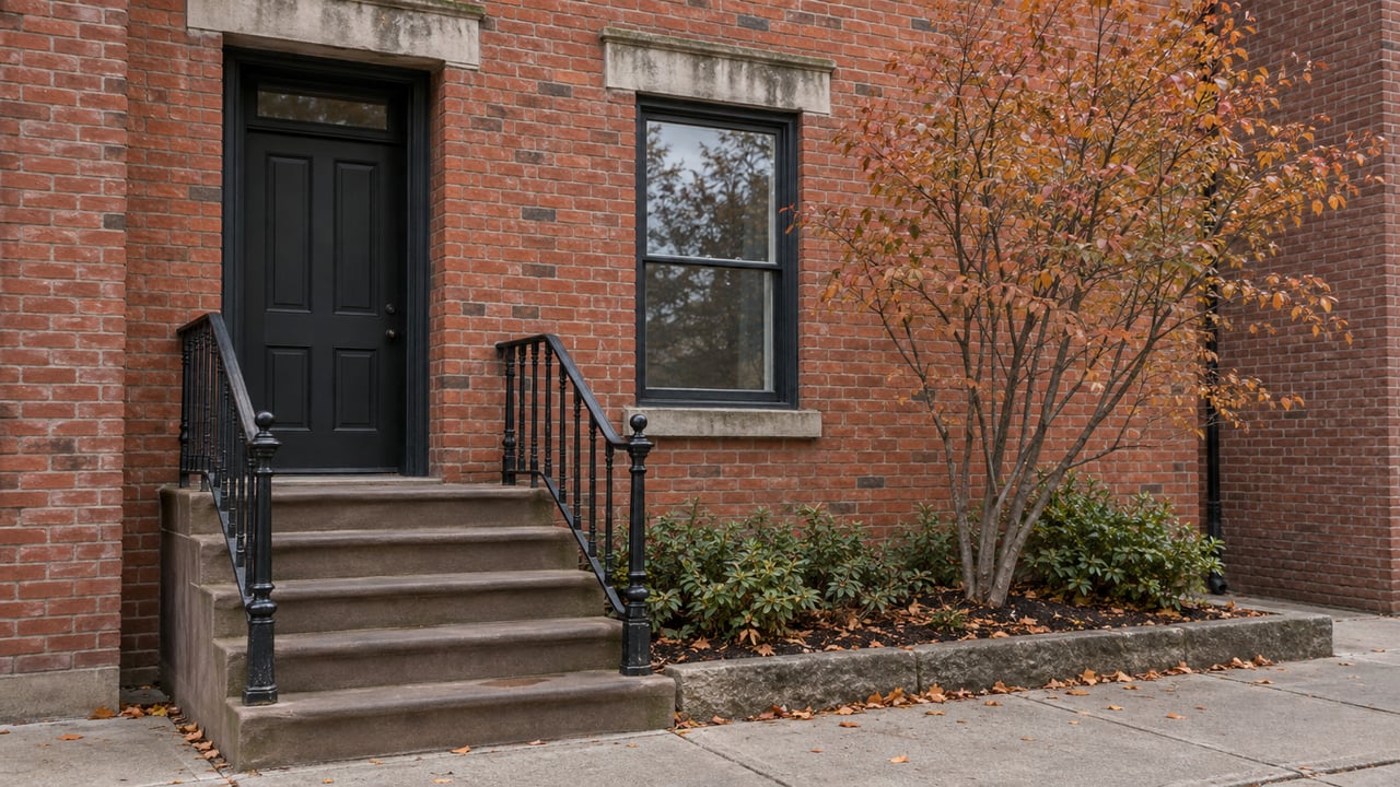 Red-brick rowhouse entrance with a brownstone stoop, iron railings, and a small tree with copper leaves.