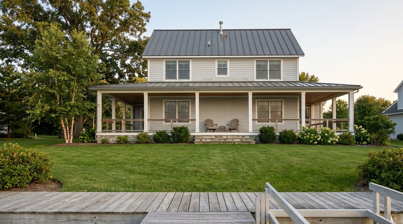 Two-story gray-sided home with wraparound porch, broad lawn, and weathered dock in foreground.