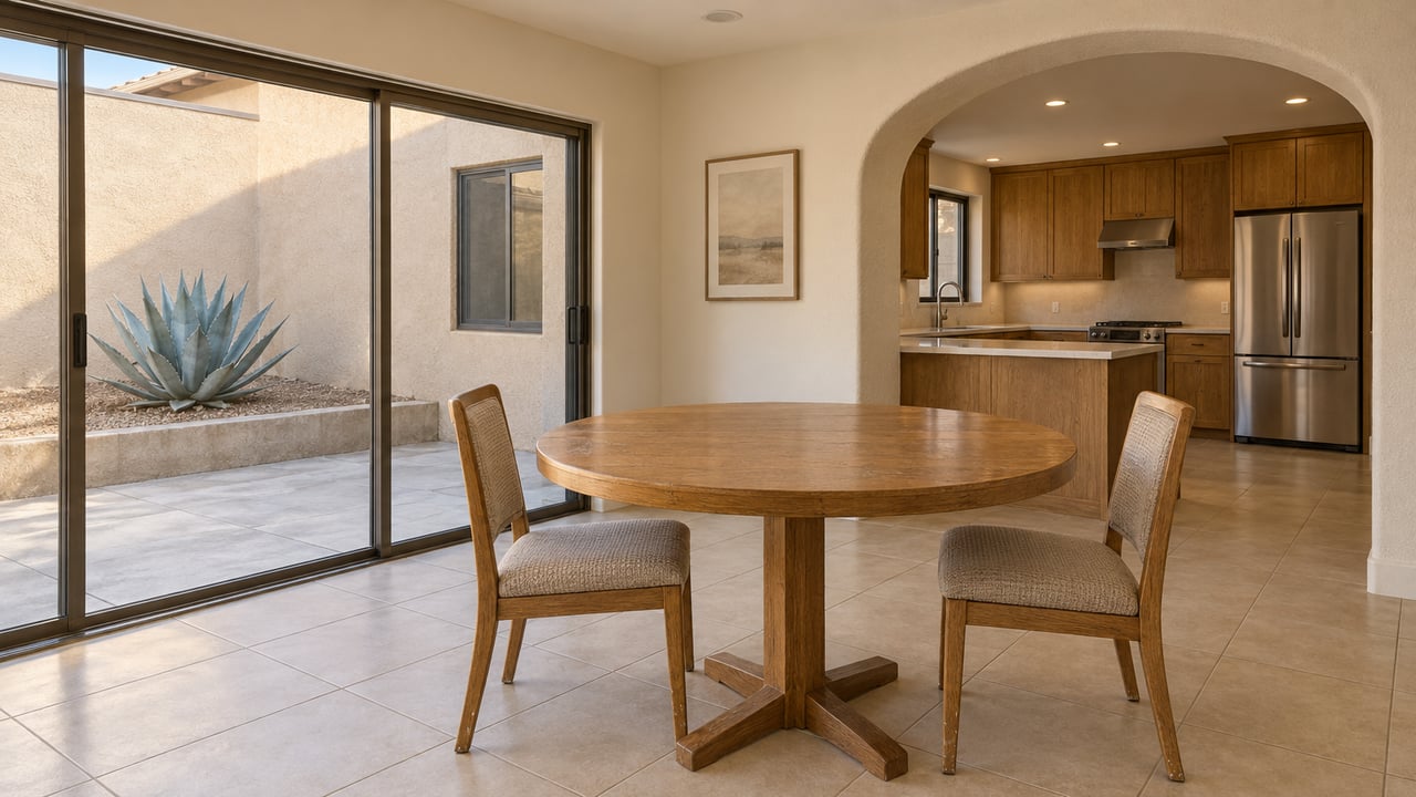 Sunlit oak dining furniture beside closed bronze-framed patio doors, with an arched opening to a warm wood kitchen and a blue agave outside.