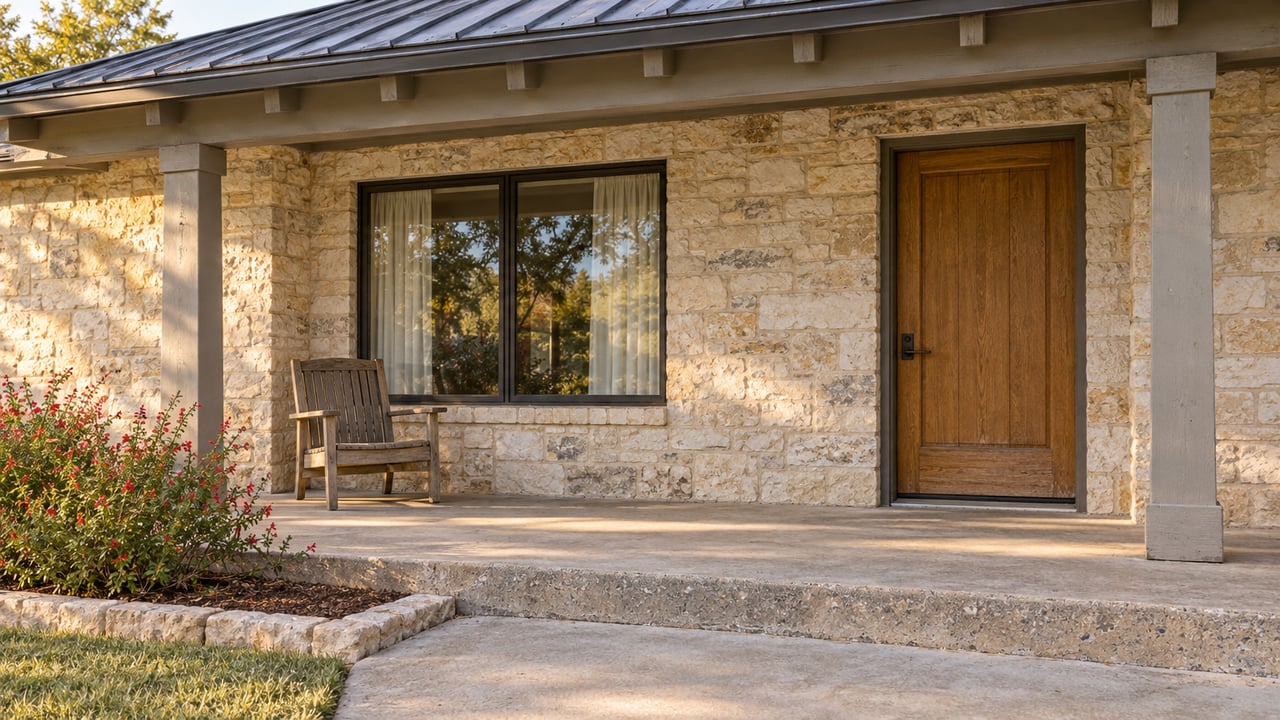 Limestone ranch house porch with an oak front door, dark-framed window, weathered wood chair, and red flowering sage beside a concrete step.