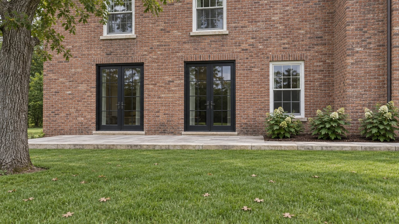 Brick house rear elevation with glass terrace doors, limestone patio, lawn, and oak-leaf hydrangeas.