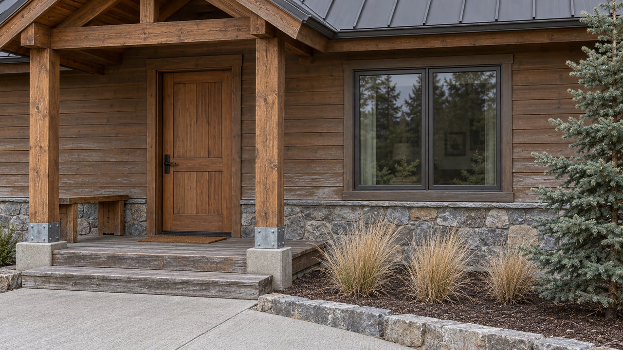 Weathered wood cabin entry with a sheltered porch, gray stone base, closed window, and blue-green spruce beside dry bunchgrass.