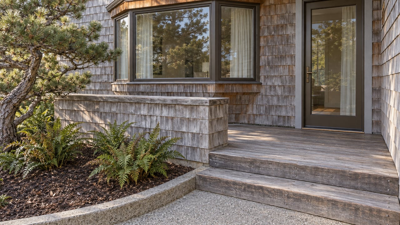 Weathered cedar-shingle home with bronze-framed bay windows, broad wooden porch steps and a shore pine beside a planted bed.