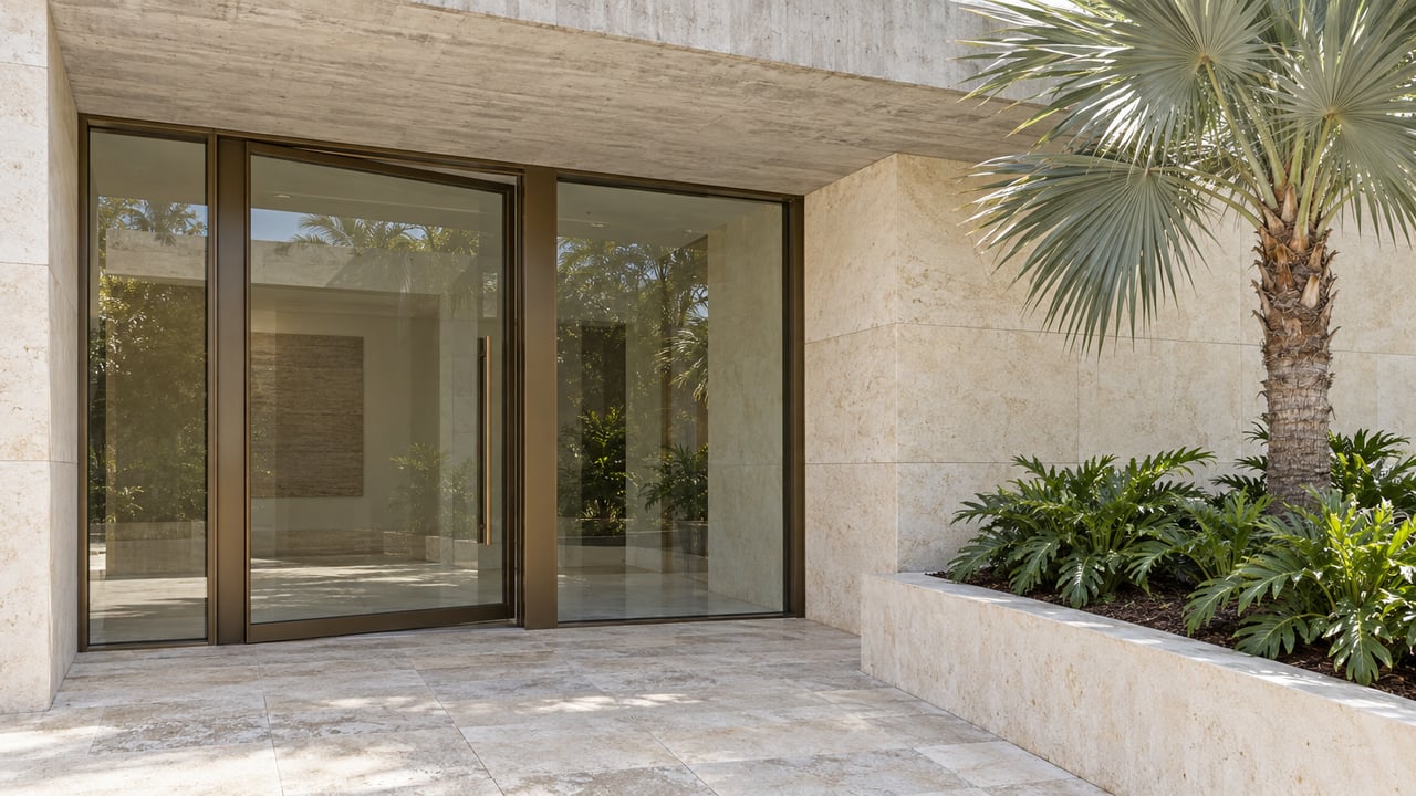Contemporary residential entrance with bronze-framed glass, cream limestone, a concrete canopy and a silver fan palm.