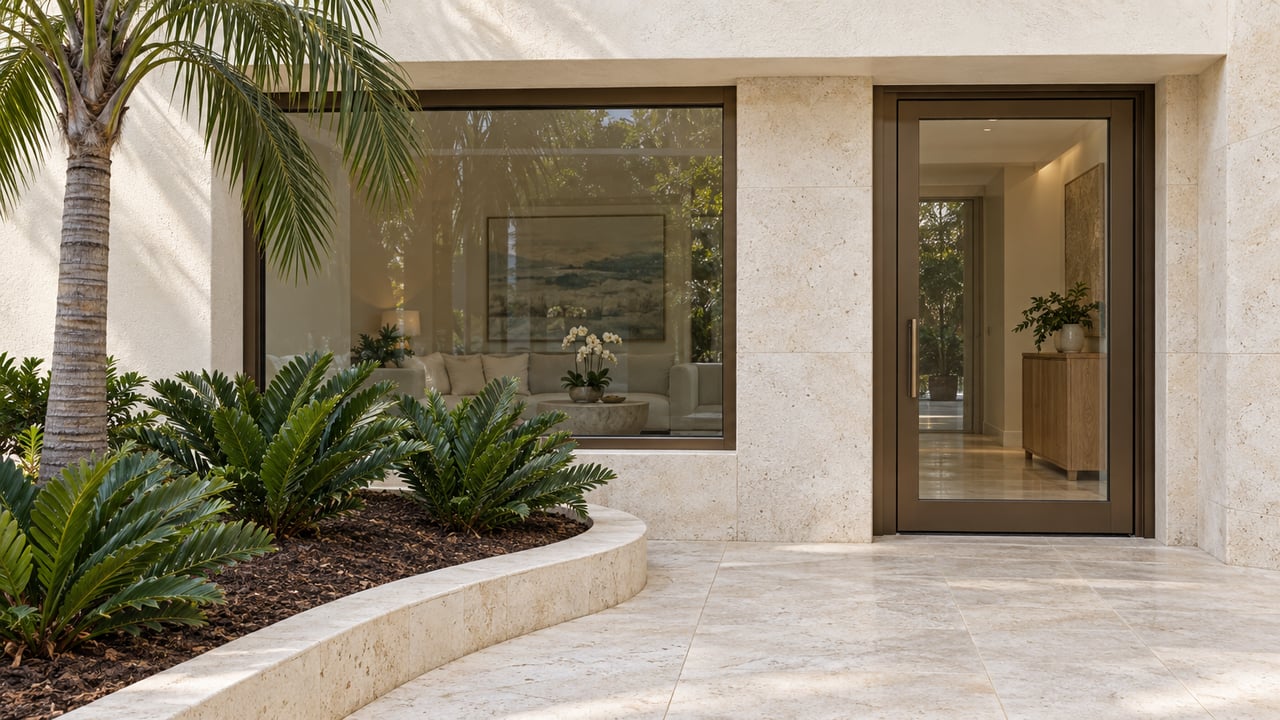 Ivory stucco condominium entrance with bronze-framed glazing, shell-flecked limestone paving, and a sculptural palm beside low cycads.