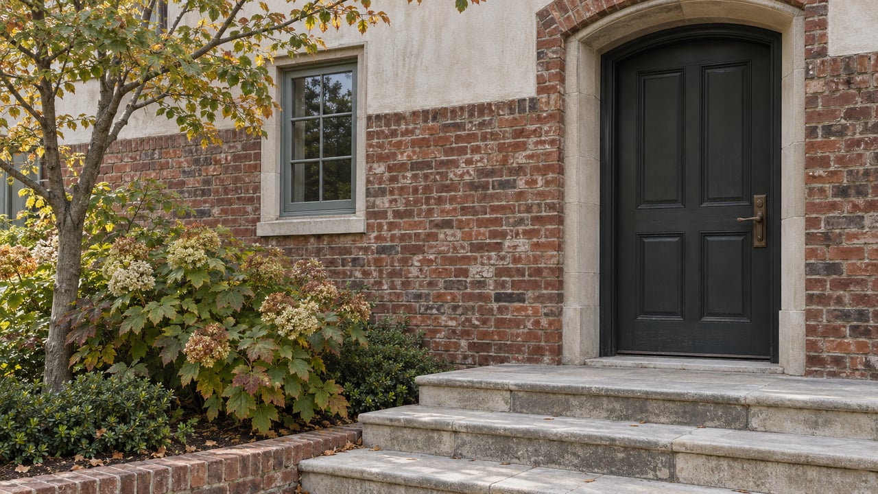 Recessed dark timber door in a red-brick facade, above limestone steps beside a sparse serviceberry tree.