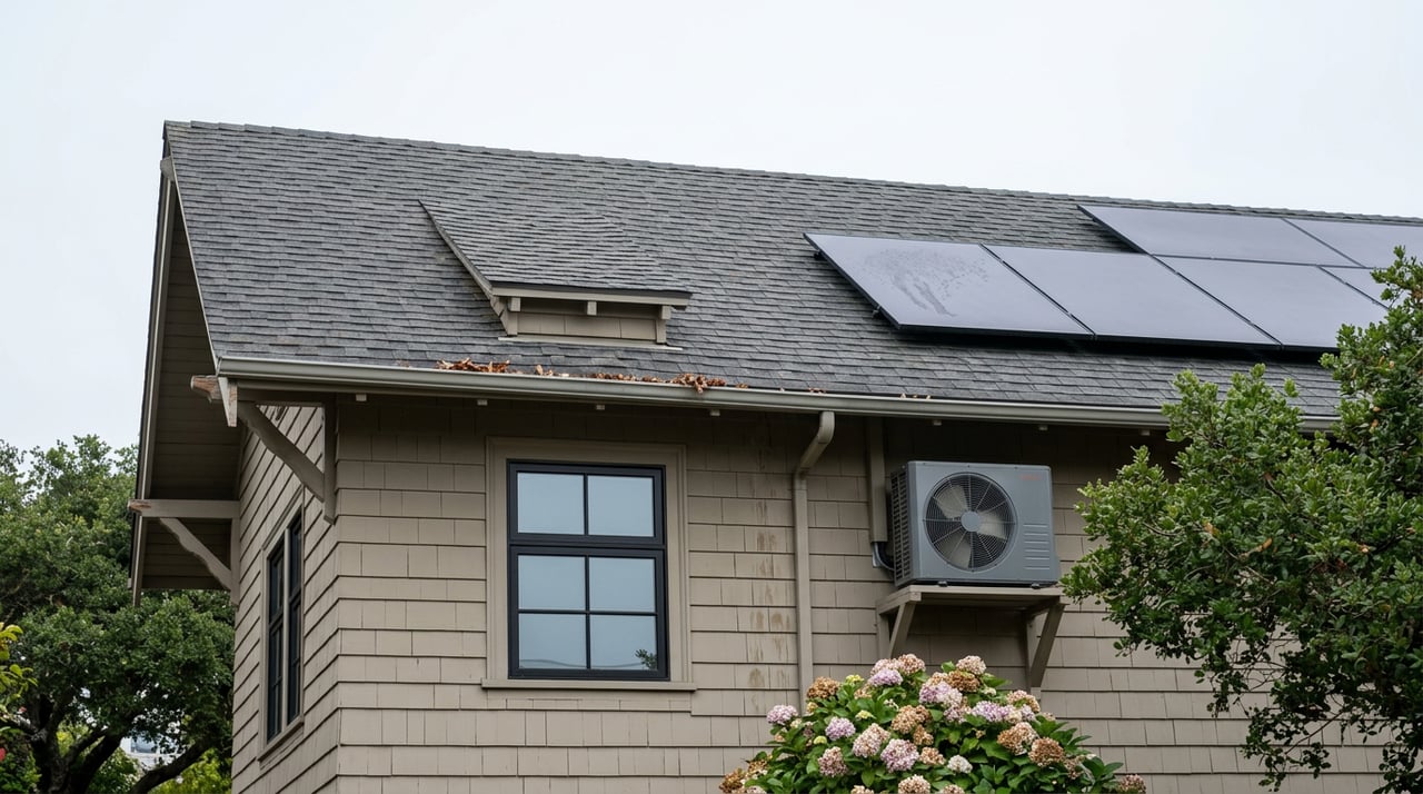 Two-story home with a gray shingle roof, rooftop solar panels, and an oak canopy.