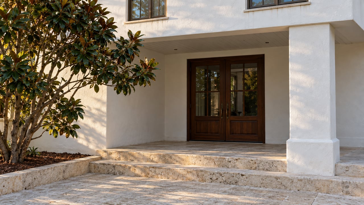 White stucco porch with mahogany glazed doors, limestone steps and a magnolia framing the sunlit courtyard.