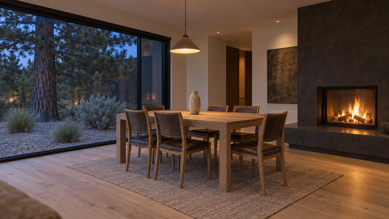 Oak dining table with six chairs between a glass wall and enclosed fireplace, with a pine tree outside.