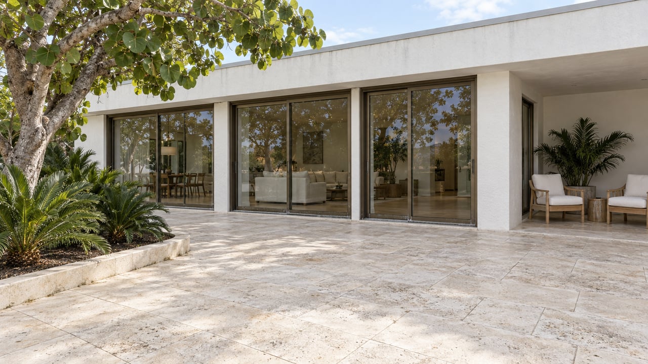 White stucco home with bronze-framed glass doors, a limestone terrace, teak seating and a sculptural sea grape tree.