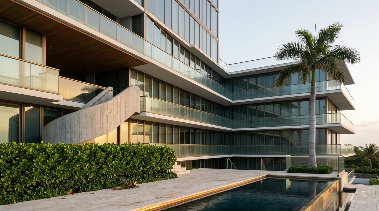 High-rise pool terrace with a curved glass-railed stair, stacked balconies, and a royal palm.