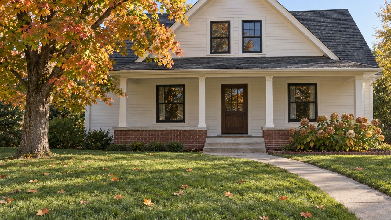 White two-story house with a covered porch, brick foundation, and autumn tree in the front yard.