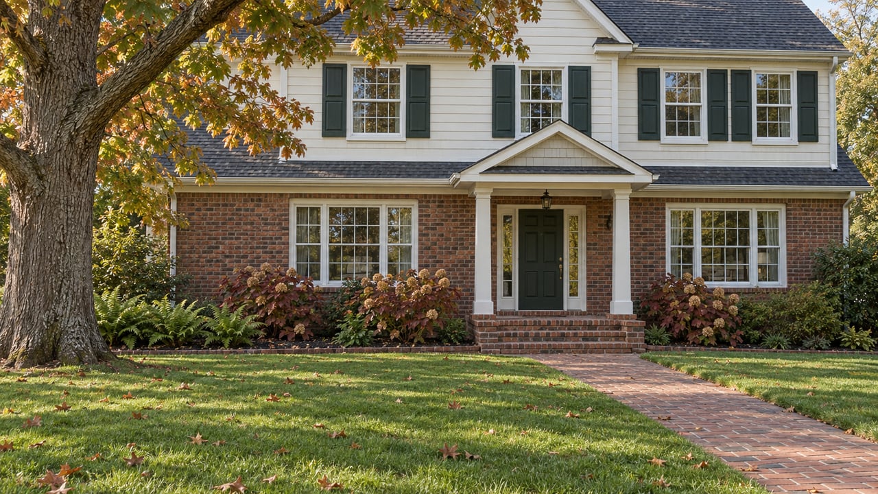 Established brick-and-ivory-sided home behind a deep green lawn, with a mature oak, autumn hydrangeas and a brick front walk.