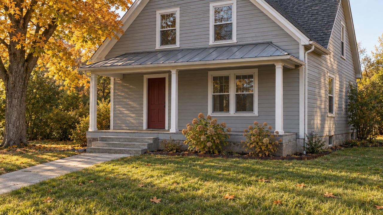 A modest gray clapboard home with a covered porch, deep front lawn and amber maple foliage in afternoon light.