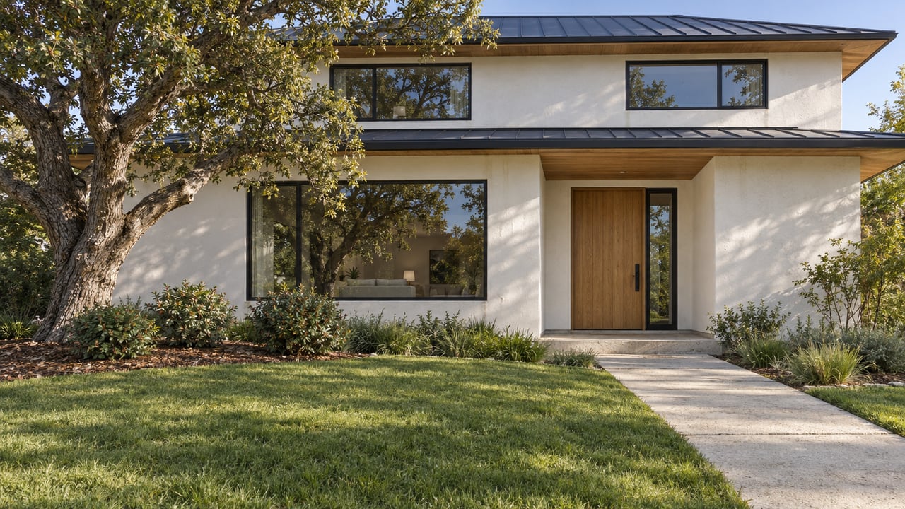Morning light on a white stucco home with wood eaves, black-framed windows and a broad front lawn beneath a mature oak.