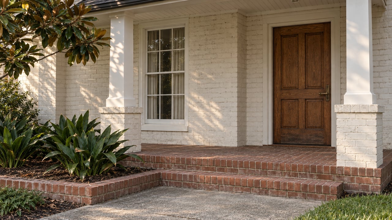 Cream-painted brick porch with an oak front door, divided-light window, red-brick steps and leafy planting in warm afternoon light.