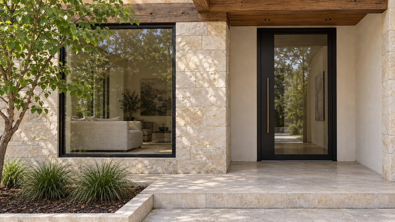 A sheltered limestone entry with a black-framed glass door, warm timber soffit and a redbud beside the porch.