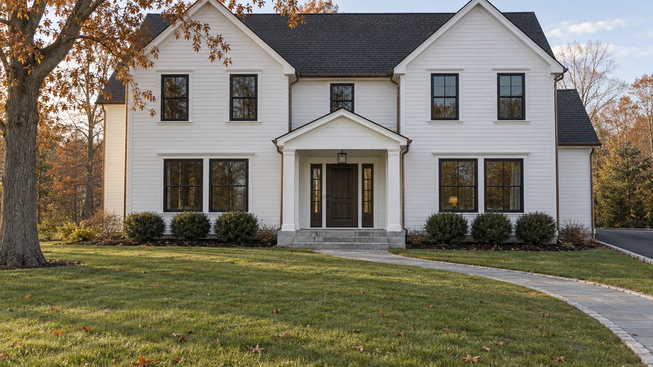 White gabled home with black windows, granite entry steps and a deep autumn lawn beneath a mature red oak.