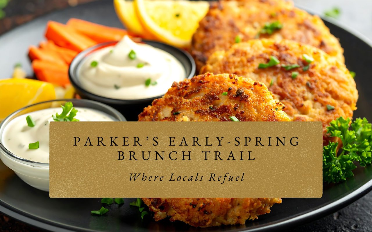 Crab cake Benedict on sunny patio at Bread and Butters Eatery, Parker locals brunching early spring