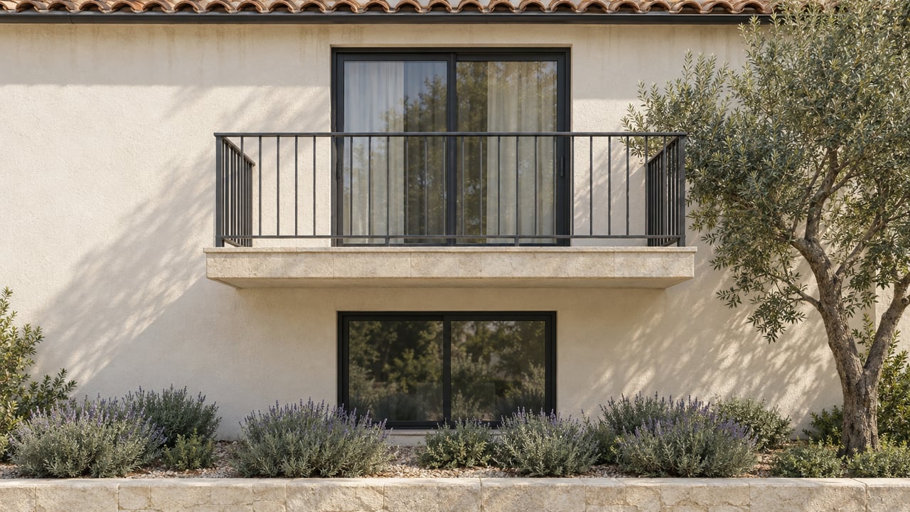 Attached stucco residence with projecting limestone balcony, charcoal railing, sliding glass door, and olive tree.