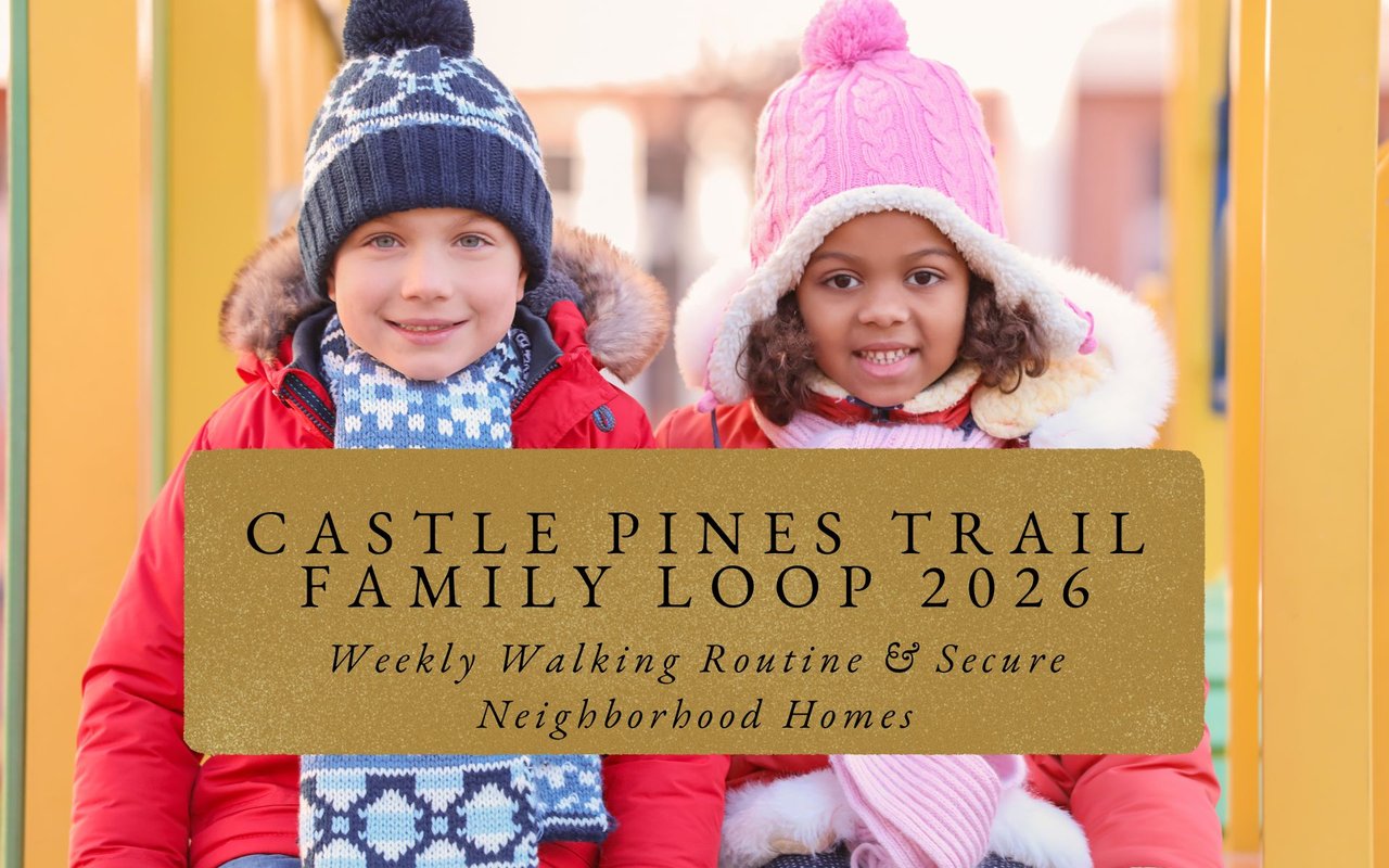 Children climbing playground equipment at Sweetwater Park, trail path and lake in background, Castle Pines Colorado.