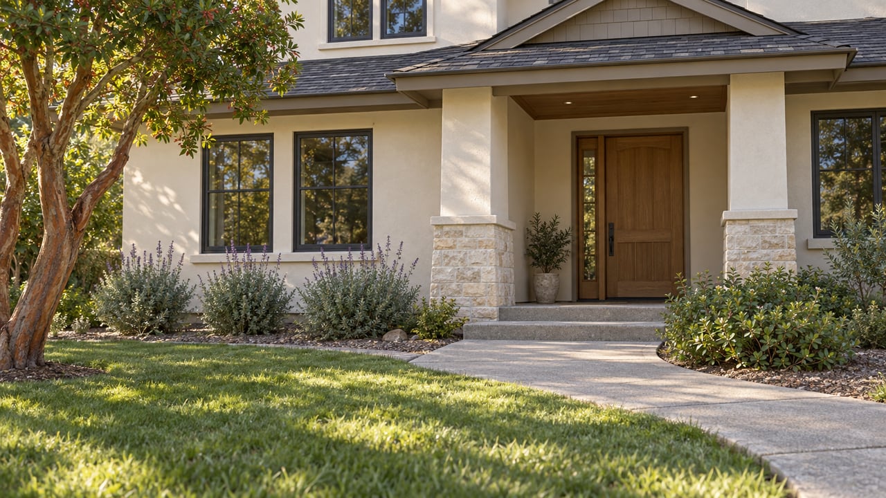 Cream stucco home with a recessed oak front door, limestone porch piers and a curved concrete path through an established front garden.