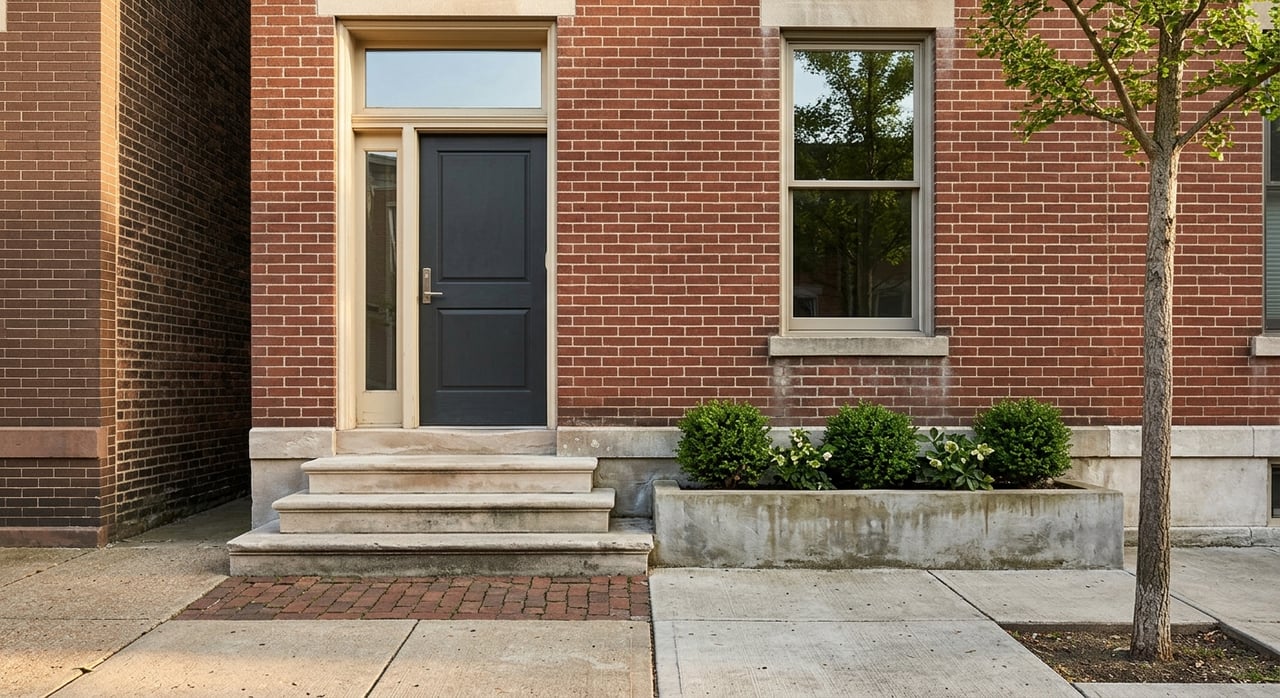 Brick-house entrance with a front door, stoop, paver apron, and one window bay.