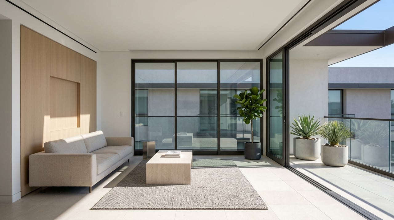 Modern living room opens onto a private terrace, with desert-inspired materials and sharp sunlight.