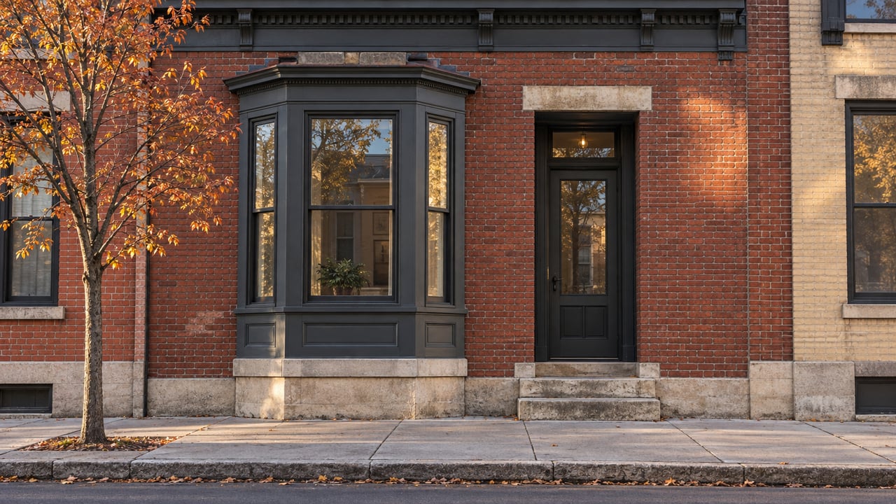 Red-brick rowhouse with a three-panel bay window, recessed entry, limestone stoop, and sparse copper-orange foliage.